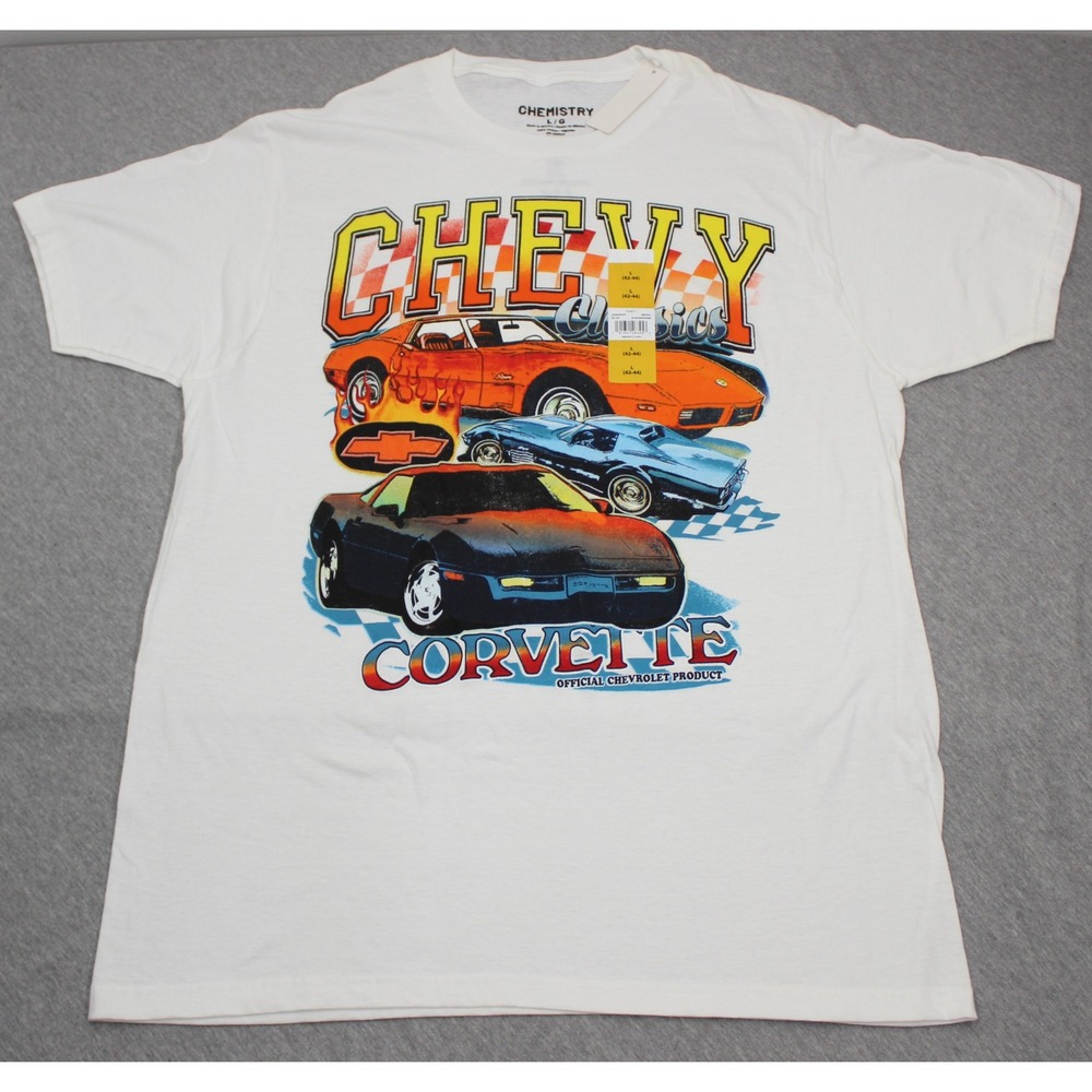 Chemistry T-Shirt Mens L‎ White Chevy Corvette Classics Graphic Retro Cotton